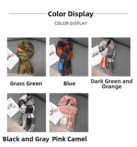 Showcase of five color plaid tassel scarves for women in green, blue, orange, and pink