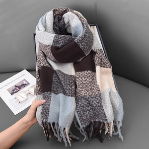 Winter plaid tassel scarf in blue brown and beige cashmere-like thick knit fabric