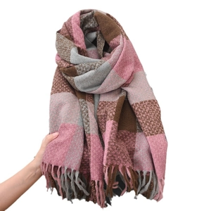 Winter plaid scarf with pink gray and brown patterns featuring long tassels for warmth