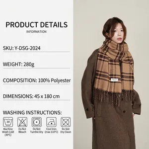 Plaid cashmere-feel scarf in earth tones with tassels, warm winter shawl for women