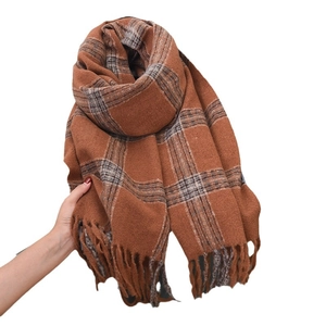Thick checkered scarf with fringe in caramel and grey for autumn and winter warmth