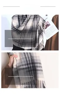 Macro detail of multi-color plaid scarf showing thick knitted texture and long fringes