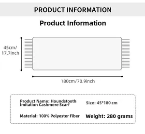 Size specifications for houndstooth scarf measuring 180x45cm made of polyester fabric