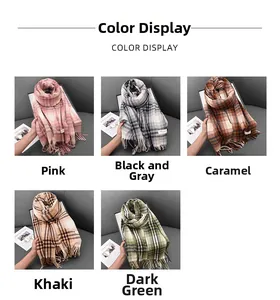 Detailed color display of five plaid tassel scarves in pink, grey, caramel, khaki and green