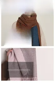 Detail of soft houndstooth scarf showing multicolor patterns and fringe edges
