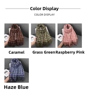 Macro detail of retro green plaid cashmere-feel scarves in four assorted colors with tassels
