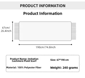 Spécifications de taille pour écharpe à carreaux 190x67cm en polyester toucher cachemire