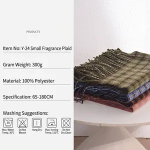 Retro green plaid imitation cashmere scarf with tassels, 100% polyester, 65x180cm size