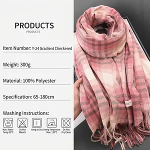 Pink and beige plaid tassel scarf made of soft polyester measuring 65x180cm