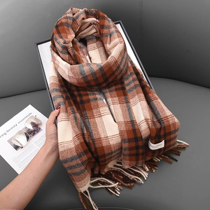 Vintage orange and brown plaid thick scarf with tassels and elegant woven label