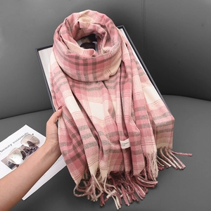 Pink and beige checkered vintage tassel scarf for women styled with a black frame