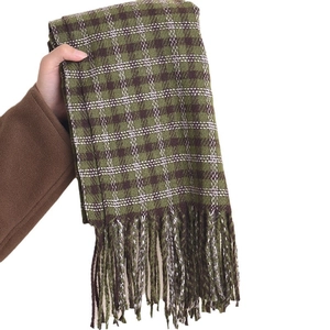 Vintage green plaid cashmere feel scarf with fringe tassels for winter warmth and styling