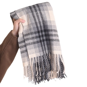 Retro grey and beige plaid scarf with tassels made of warm, thick cashmere-like fabric