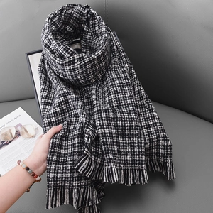 Écharpe d'Hiver Chaude pour Femmes Imitation Cachemire Pied-de-poule Écharpe à Carreaux Avec Glands Châle Thermique Doux