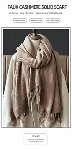 Detail of camel cashmere-feel scarf featuring premium pleated texture and fringe trim
