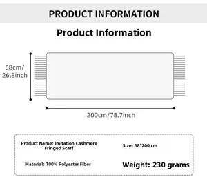 Size chart for red faux cashmere scarf 68x200cm and 230g polyester material details