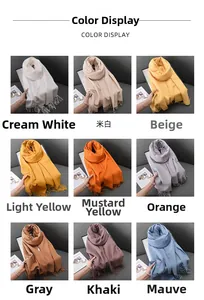 Detailed color display of nine fringe scarves including Cream White and Dusty Rose