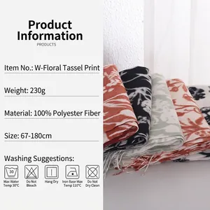 Écharpe florale en cachemire synthétique à franges, 100% polyester, châle d'hiver élégant