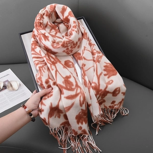 Écharpe florale orange et beige avec franges, châle élégant pour l'automne et l'hiver