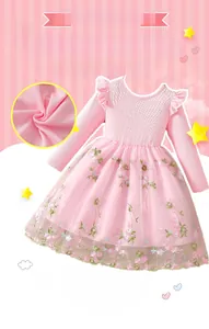 Detail of pink long-sleeve girl's dress with floral embroidery and mesh tulle skirt