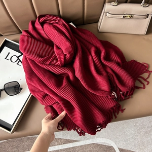 Maillard burgundy striped knit scarf with long tassels for winter warmth and style
