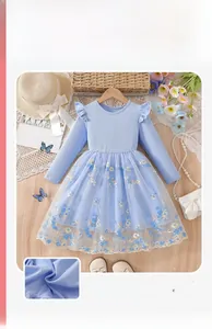 Close-up of sky blue knit bodice and delicate floral embroidered tulle on girls dress