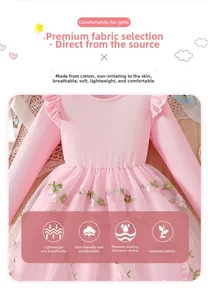 Detail of pink cotton knit bodice with ruffled shoulders and floral tulle skirt