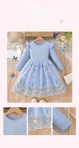 Detail of blue cotton bodice and floral embroidery on beige mesh layered tutu dress
