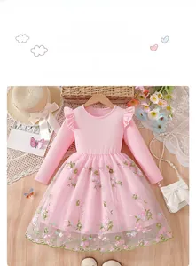 Detail of pink long-sleeve princess dress featuring embroidered mesh skirt and ruffles