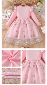 Close-up of pink knit fabric texture and floral embroidery detail on girls dress