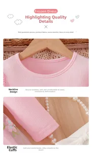 Detail view of pink knit girls dress showing ribbed neckline and floral embroidery texture