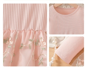 Detail von rosa Strickoberteil und Stickereien auf dem Tüllrock für Mädchen