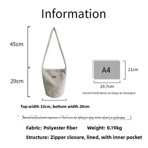 Size guide for fuzzy bucket bag showing polyester material, A4 comparison and dimensions