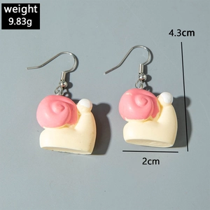Detail view of cartoon snail earrings with size and weight specs on grey background