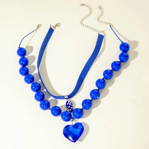 Blue chunky bead necklace with heart pendant and devil eye choker jewelry set