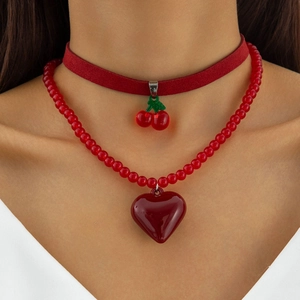 Collier Cœur Rouge Et Cerise Choker En Velours Chaîne À Perles Bijoux Pour Femmes Cadeau Valentin Style Rétro