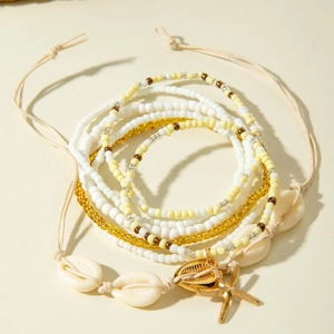 7-piece Bohemian beaded shell and starfish layered bracelet set in summer beach style