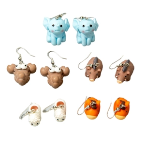 Handmade animal earring set with 3D resin elephant, reindeer and sheep on white backdrop