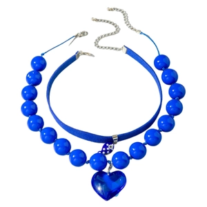 Blue chunky beaded heart pendant necklace and velvet choker with evil eye charm set
