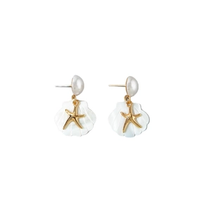 Bohemian seashell and pearl drop earrings with golden starfish accents on white background