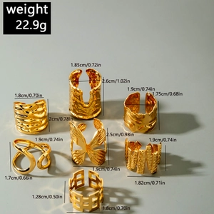 Detailed size specifications for 7-piece gold butterfly and geometric ring set