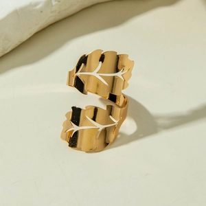 Golden double-layer leaf open ring with intricate cutout veins and polished finish