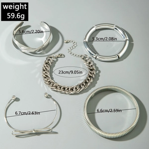 Detailed size parameters for five-piece silver punk style layered bracelet and cuff set
