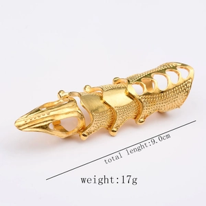 Detail of 9.0cm long gothic punk gold joint ring with vintage hollow-out carving texture