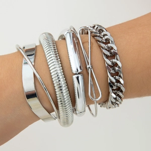 Silver multi-layer stackable bangle set featuring punk cuban chain and smooth metal bands