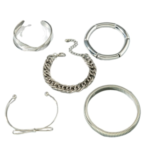 Five-piece silver multilayer bracelet set with Cuban chain and minimalist bangles