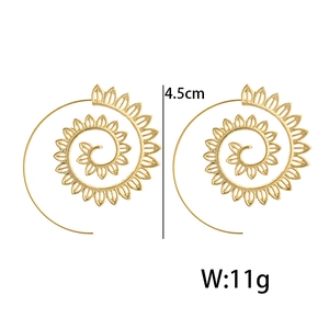 Golden spiral leaf earrings with hollow sun flower pattern and 4.5cm diameter measurement