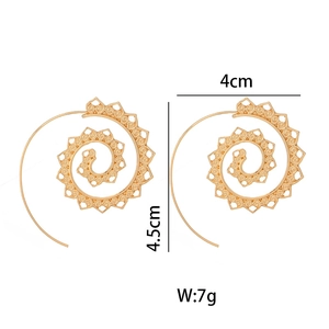 Detailed view of gold spiral mandala teardrop earrings with size and weight specs
