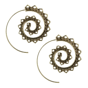 Vintage gold spiral oval earrings with intricate heart pattern and ethnic swirl designs