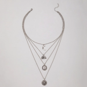 Bohemian multi-layer silver necklace with 3D elephant, crescent moon and mandala pendants